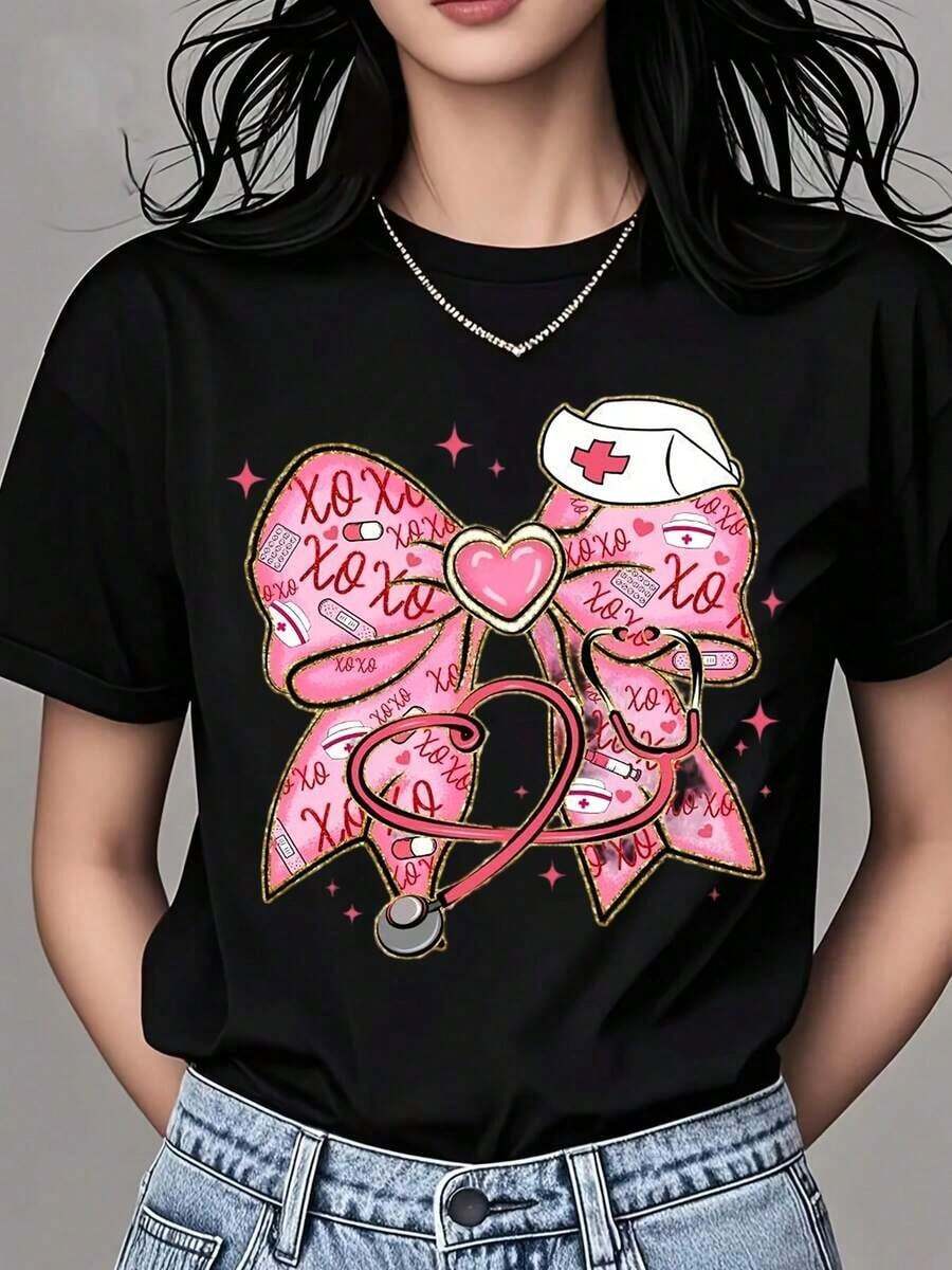 1 Piece Of Women's Round Neck T-Shirt With Nurse Bow Print, Stethoscope And Heart, Short Sleeve, Casual Wear For Daily Life And As A Gift, 180g, 100% Cotton. - 黑色 - 查看 1