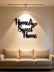1pc Metal Wall Decor "Warm Home" With Butterfly Pattern - Adds A Cozy Ambiance To Living Room, Bedroom Or Entryway, Perfect Gift To Express Love For Home For Family And Friends - Black - View 3