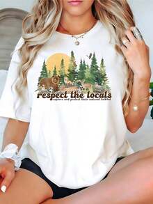 National Park T-Shirt, "Respect Local People" T-Shirt, Camping T-Shirt, Gift For Camping Lovers, Wild Animal T-Shirt, Women's Nature Design T-Shirt, Casual Cotton Crew Neck T-Shirt For Spring And Summer, Super Soft, Breathable Summer T-Shirt - Perfect Gift For Easter, St. Patrick's Day, Valentine's Day, Mother's Day For Mom, Couples, Family And Friends. - 8號白 - 查看 8
