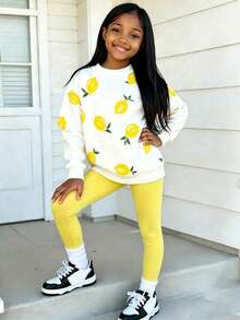 Tween Girl Lemon Print Crew Neck Long Sleeve Sweatshirt And Leggings Set - White - View 1