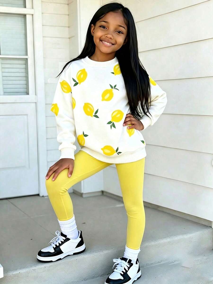 Tween Girl Lemon Print Crew Neck Long Sleeve Sweatshirt And Leggings Set - White - View 1