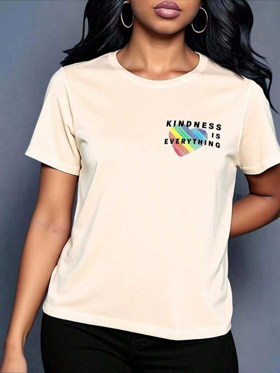 Women's Casual Rainbow Heart Print T-Shirt, Loose Fit Women's Multicolor Heart Print T-Shirt - 杏 - 查看 1