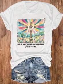 He Is Not Here, He Has Risen Matthew 28:6 Women's Round Neck T-Shirt With Cross Flowers For Easter Day, Comfortable And Soft - Default - View 1