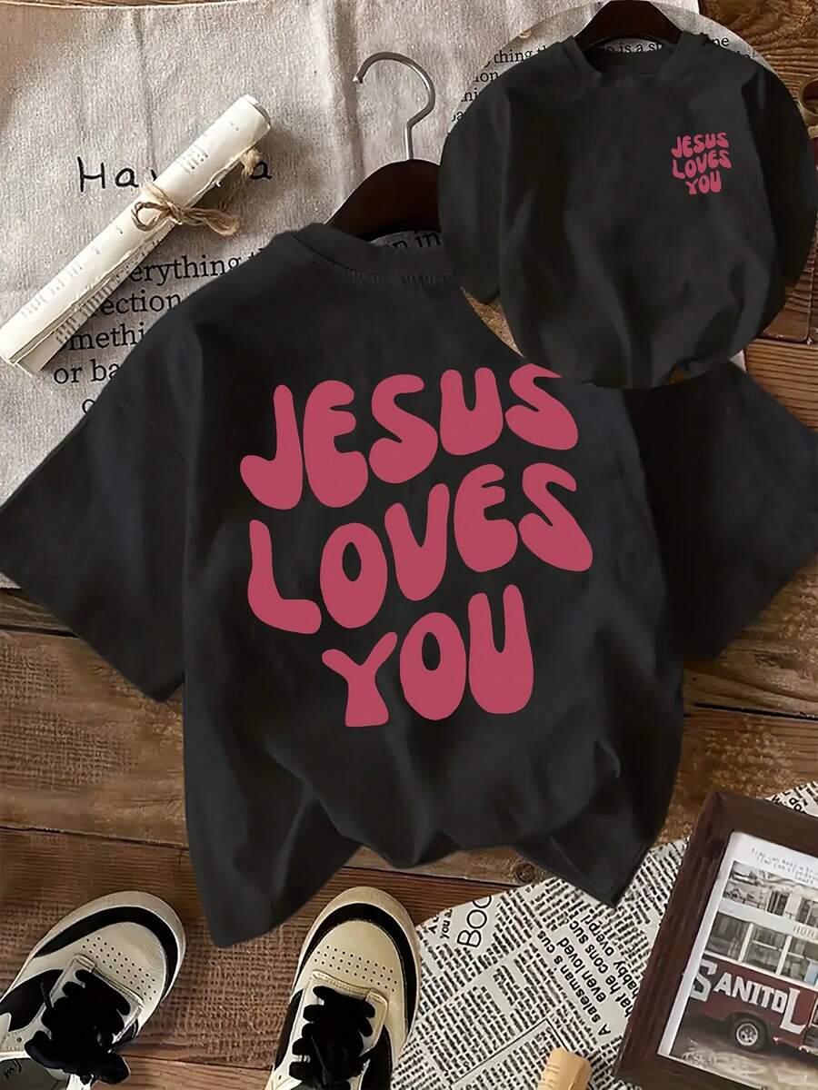 Camiseta de Talla Grande con Estampado de Letras, Manga Corta y Cuello Redondo, Ropa Casual de Verano y Primavera, Ropa Oversize para Mujer - Negro - Ver 1