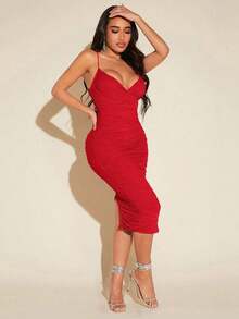 Vestido de punto de corte en V profundo con tirantes finos y ajustado hasta la rodilla para mujer - Rojo - Ver 4