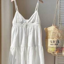 Women's Summer Vacation Casual Cotton And Linen White Hollow Embroidery Patchwork Spaghetti Straps Mini Dress,Summer Dresses For Women,White Dresses For Women - Azul - Ver 4