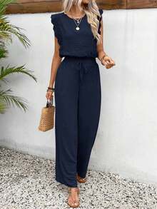Conjunto de 2 piezas de blusa con ribete de encaje de unicolor y pantalones de pierna ancha para mujer, casual para vacaciones y viajes, primavera/verano - Azul marino - Ver 1