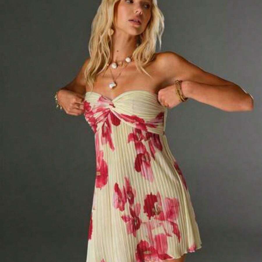 TRNDY Romantic Pleated Floral Print Twist Front Mini Dress, Suitable For Spring/Summer Vacation - Albaricoque - Ver 1