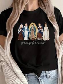 1 Men's T-Shirt With Catholic Icon Of The Virgin Mary - Soft Cotton, Religious Clothing With "Pray For USA" Design, Short Sleeve And Crew Neck, Ideal For Church, Daily Wear And Events (Design Inspired By The Virgin Mary) - 黑色 - 查看 1