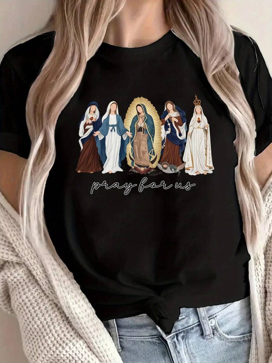 1 Men's T-Shirt With Catholic Icon Of The Virgin Mary - Soft Cotton, Religious Clothing With "Pray For USA" Design, Short Sleeve And Crew Neck, Ideal For Church, Daily Wear And Events (Design Inspired By The Virgin Mary) - 黑色 - 查看 1