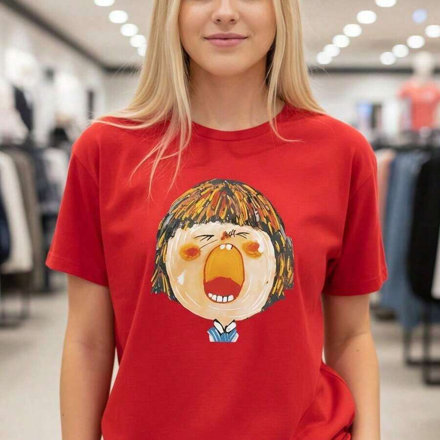 Camiseta de algodón puro de talla grande para mujer con estampado de chica de dibujos animados abstractos, cuello redondo, manga larga, estilo casual, corte holgado, diseño gráfico, tallas S-5XL, tela suave y transpirable, moda para uso diario, diseño artístico, adecuada para primavera, verano y otoño. - Rojo - Ver 1