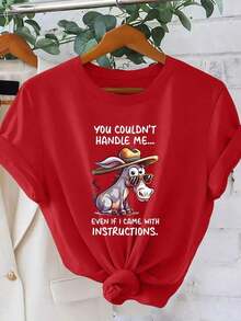 1 Piece Of Women's Botanical Print Cotton T-Shirt, Cool, Breathable, Casual Natural Style, Round Neck, One-Piece, With Fun Letter And Animal Print, Stylish, With "You Can't Control Me" And "Animal Donkey" Prints, For Spring, Summer, Sports, Vacation, Short Sleeve, Casual Holiday Style, Loose And Slimming Retro Fashion, Versatile, Short Sleeve T-Shirt For Women, Ideal For Everyday Wear On Summer Vacation. Suitable For Spring, Summer And Autumn. - 紅色 - 查看 7