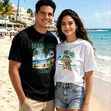 2-Piece Couple Matching Pattern T-Shirt, 100% Cotton, Loose Fit, Soft And Breathable, Casual Round Neck Short Sleeved Top Seaboard Coconut Tree Scenery Tropical Island Beach Scene Versatile Patterns No Picky Combinations Coordinated Dating Casual Travel Simple And Cartoonish Printing Styles High - 黑色 - 查看 1
