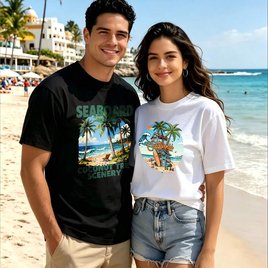 2-Piece Couple Matching Pattern T-Shirt, 100% Cotton, Loose Fit, Soft And Breathable, Casual Round Neck Short Sleeved Top Seaboard Coconut Tree Scenery Tropical Island Beach Scene Versatile Patterns No Picky Combinations Coordinated Dating Casual Travel Simple And Cartoonish Printing Styles High - 黑色 - 查看 1