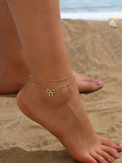 1pc Fashionable Double Layer Butterfly Anklet, Elegant Sweet Beach Resort Foot Jewelry, Golden Ankle Bracelet For Valentine's Day