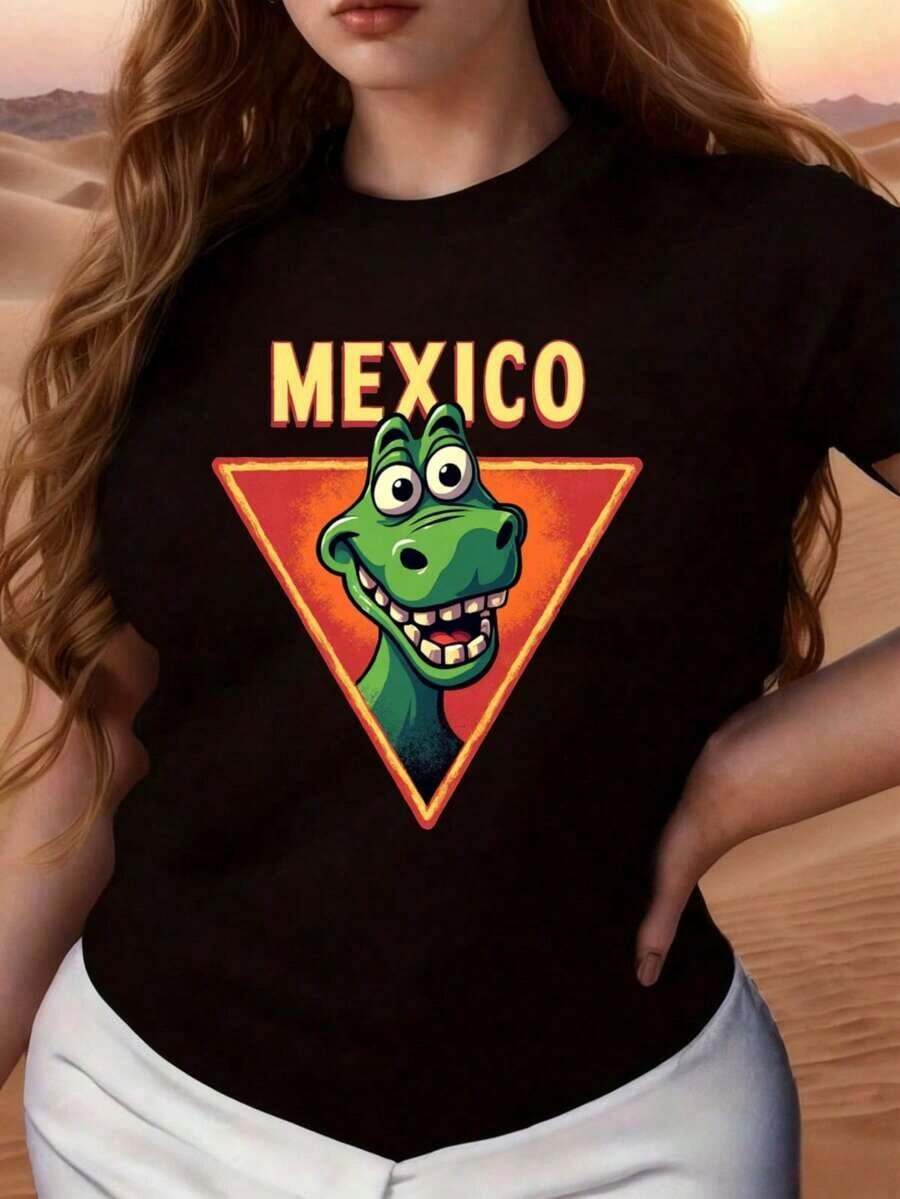 Cómoda Camiseta Negra para Mujer con Estampado de Cocodrilo de Dibujos Animados de México, Ropa Casual para Viajes y Uso Diario, Camiseta Holgada y Versátil de Manga Corta para Mujer - Negro - Ver 1