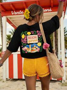 Camiseta de manga corta con cuello redondo y estampado frontal y trasero, Primavera/Verano 2026, nueva, informal, con estampado de letras y motivos de vacaciones, top divertido de corte regular para mujer. | La tela transpirable es la elección diaria para cualquier ocasión. - Negro - Ver 3