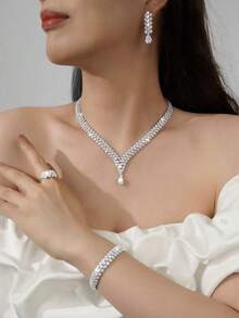 5 piezas/Set Collar, Aretes, Pulsera, Anillo Decorados con Cristales de Circonita Brillante en Forma de Gota de Agua y Rombo de Lujo Ligero para Mujer, Adecuado para Novia, Boda, Festival, Vacaciones, Uso Diario, Fiesta, Regalo, Elegante, Lujoso, Joyería de Alta Gama - Plateado - Ver 3