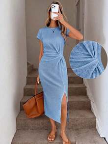 Vestido midi casual de mujer con estampado de lunares, cintura retorcida y abertura alta sin mangas; Vestido ajustado texturizado casual de mujer; Conjunto de fitness de mujer; Vestido de invitada de boda de mujer; Atuendo de oficina de mujer - Celeste - Ver 6