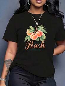 Camiseta Casual de Cuello Redondo con Estampado Divertido de Melocotón, Camiseta Gráfica de Fruta "Peach Of My Heart" para Mujer, Top Casual de Manga Corta, Camiseta de Diseño de Melocotón Linda y a la Moda para el Verano, Ideal para Regalos de Vacaciones, 100% Algodón, Duradera. - Negro - Ver 7