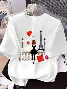 Camiseta de cuello redondo para mujer, estampado de Torre Eiffel y chica de moda, con corazones rojos y bolsa de compras, estilo francés romántico, top casual - Blanco - Ver 1