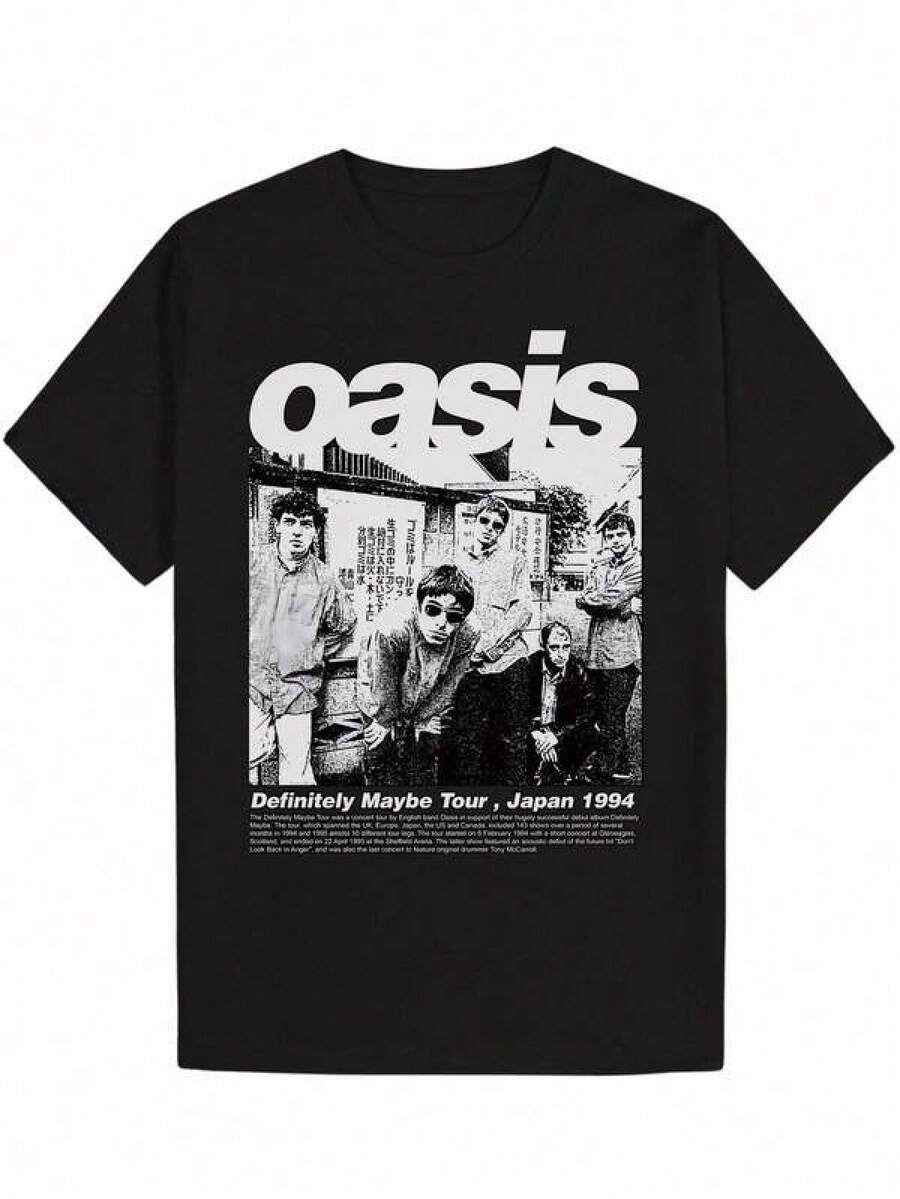 Camiseta Gráfica Vintage para Hombre - Camiseta Negra con Texto Oasis en Negrita - Camisa de Poliéster Ligera para Conciertos, Festivales de Música y Uso Casual Diario - Diseño Retro de Banda de Rock de los 90 - Top Transpirable de Verano, Camisetas de Banda de Rock, Atuendo de Concierto, Ropa de Festival, Cuello Redondo, Impresión Duradera, Moda Streetwear, Impresión de Alta Calidad, Asistentes a Festivales - Negro - Ver 1