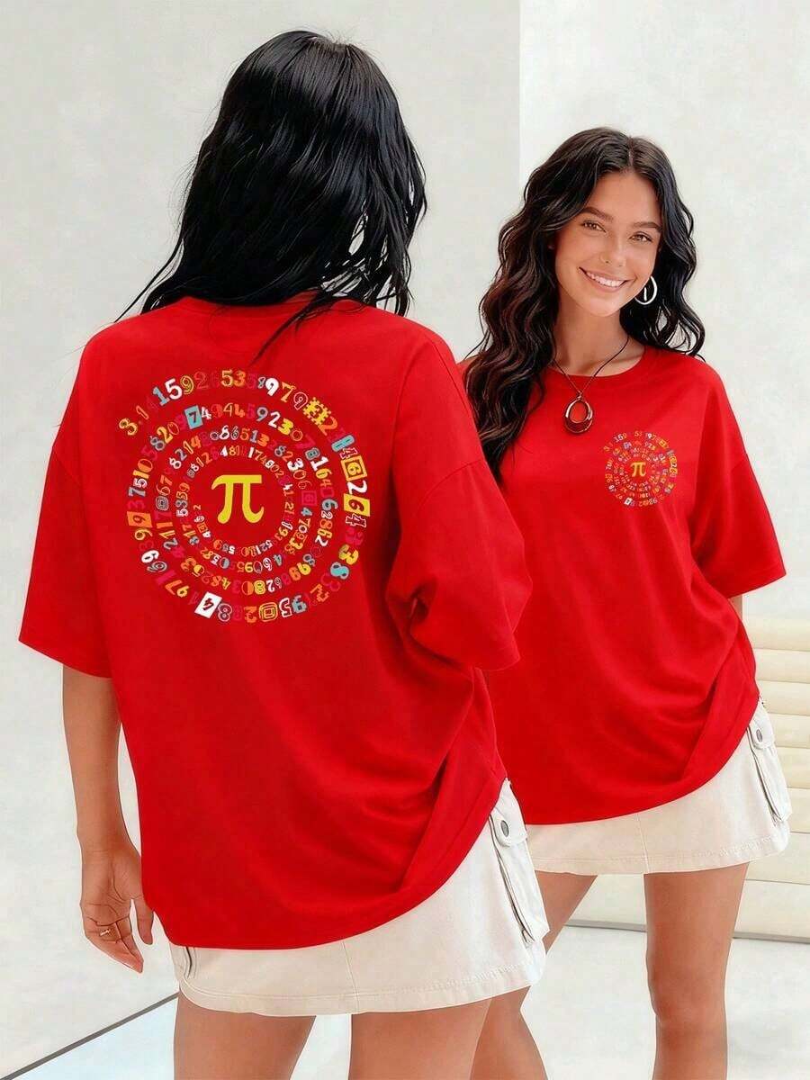 Números y símbolos matemáticos coloridos irradiando desde el centro camiseta de mujer 100% algodón perfecta para amantes de la ciencia y las matemáticas un diseño único lleno de conocimiento y alegría.Suitable for spring, summer and autumn - Rojo - Ver 1