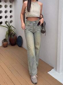 Vintage Washed Diamond Decor High Waist Wide Leg Jeans - Women's Elegant Casual Sparkling Loose Fit Jeans Suitable For Summer, Party, Graduation, Country Music Festival, Boho, Vacation Winter - Light Wash - View 10
