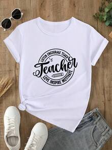 Camiseta Moderna Minimalista de Manga Ancha para el Día del Maestro, Ideal para el Verano - Camiseta de Cuello Redondo con Estampado Temático de Maestros, Ropa para Educadores (No apta para secadora) para uso diario informal - Blanco - Ver 7
