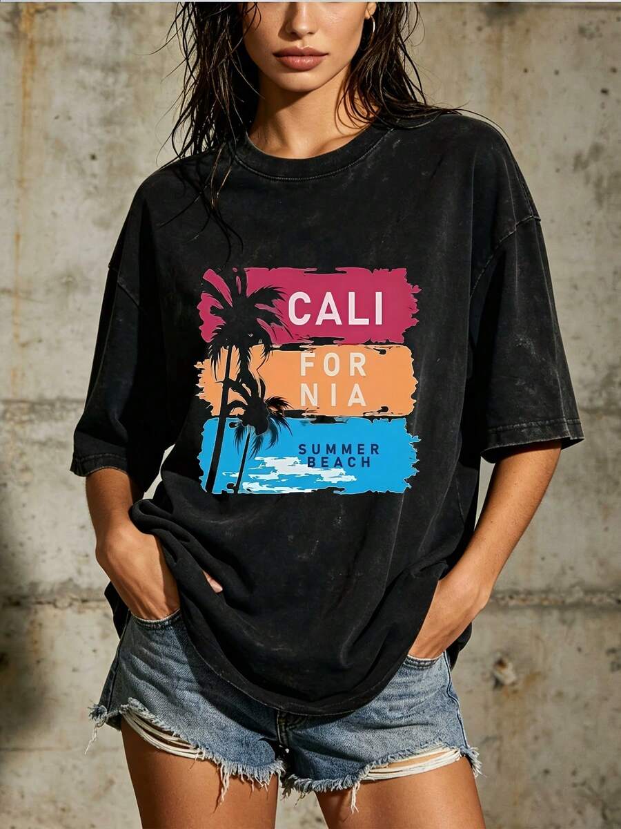 Camiseta de Verano para Mujer Estilo Playa de California 180g - Perfecta para vacaciones en familia, picnics de empresa y celebraciones del Día de la Independencia del 4 de julio - Ropa de playa de verano cómoda y elegante. VAQN - Negro - Ver 1
