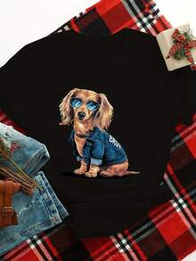 Women's Plus Size Casual T-Shirt With Fun Dachshund Graphic Wearing Glasses, Short Sleeve, Polyester, Black, Crew Neck, Machine Washable, Perfect For Casual Outfits, Ladies' T-Shirts - 黑色 - 查看 2