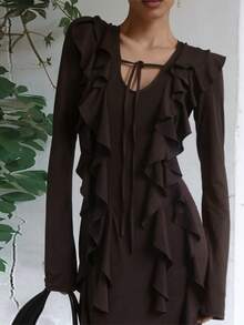 Women's Autumn Dress, European Style, Long Sleeve With Ruffles, Ties, Fitted Waist, Elegant And Modern Fashion - 棕色 - 查看 6