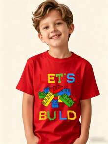 Graphic T-Shirt For Kids, Girls' Clothing, Boys' Clothing. Let's Build A Pattern With Blocks Suitable For Everyday Wear, Street Style, Outings, Home, Holidays, Back To School, Spring And Summer, Children's Day - 紅色 - 查看 10