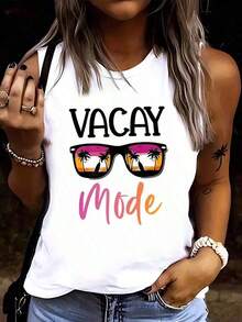 Vacay Short Sleeve Fashion" Women's Sleeveless Tank Top In White With Palm Tree & Fashion Glasses Print - Casual Elastic Polyester-Spandex Blend, Round Neck, Machine Washable - Perfect For Casual Hot Outfit Girl Essential Short Sleeve Top. Y2K Crop Top Short Sleeve T-Shirt For Summer - 白色 - 查看 1
