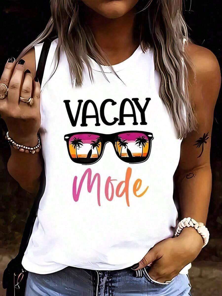 Vacay Short Sleeve Fashion" Women's Sleeveless Tank Top In White With Palm Tree & Fashion Glasses Print - Casual Elastic Polyester-Spandex Blend, Round Neck, Machine Washable - Perfect For Casual Hot Outfit Girl Essential Short Sleeve Top. Y2K Crop Top Short Sleeve T-Shirt For Summer - 白色 - 查看 1