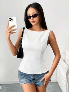 Camisa tipo camisola ajustada sin mangas con espalda abierta y lazo, unicolor.Elegante, informal, sexy y minimalista para oficina y negocio.Primavera/Verano - Blanco - Ver 5