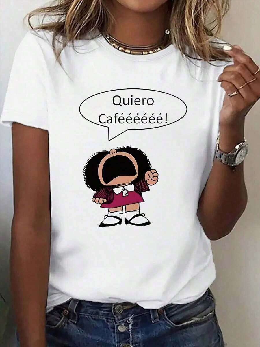 An Interesting Short-Sleeved T-Shirt Printed With The Design Of The Spanish Saying "I Want Coffee", A Fashionable Casual T-Shirt For Women, A Round Neck Top With A Stylish And Fun Print, Comfortable And Breathable Sportswear, Perfect For Gifting. - 白色 - 查看 1