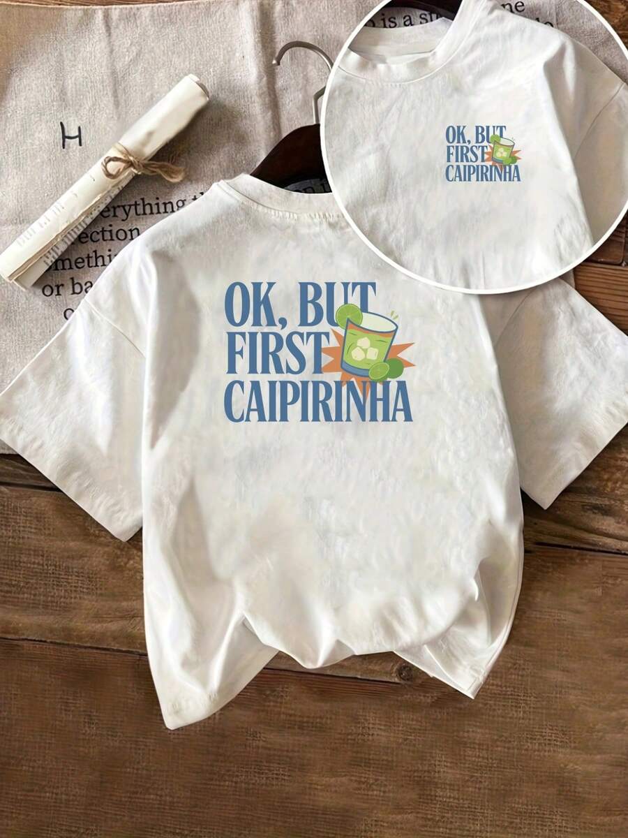 Printed T-Shirt With Front And Back Designs, Capri Chana, Cocktail Print, Casual Short Sleeve Round Neck For Women, Comfortable Fit, Classic Design, Fashion Item, Double-Sided Printed Top For Women. - 白色 - 查看 1