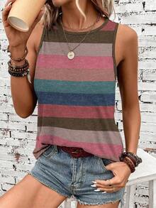 Camiseta de tirantes holgada de verano para mujer, estampado de patrón de correa de mezclilla, elegante y versátil, apta para uso casual, vacaciones y paseos, con un estilo minimalista y retro - Multicolor 9 - Ver 6