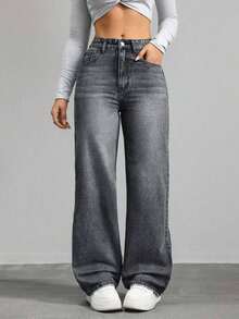 Jeans de mezclilla de pierna ancha recta de diseño simple con cintura alta para mujeres a la moda - Lavado ligero - Ver 4
