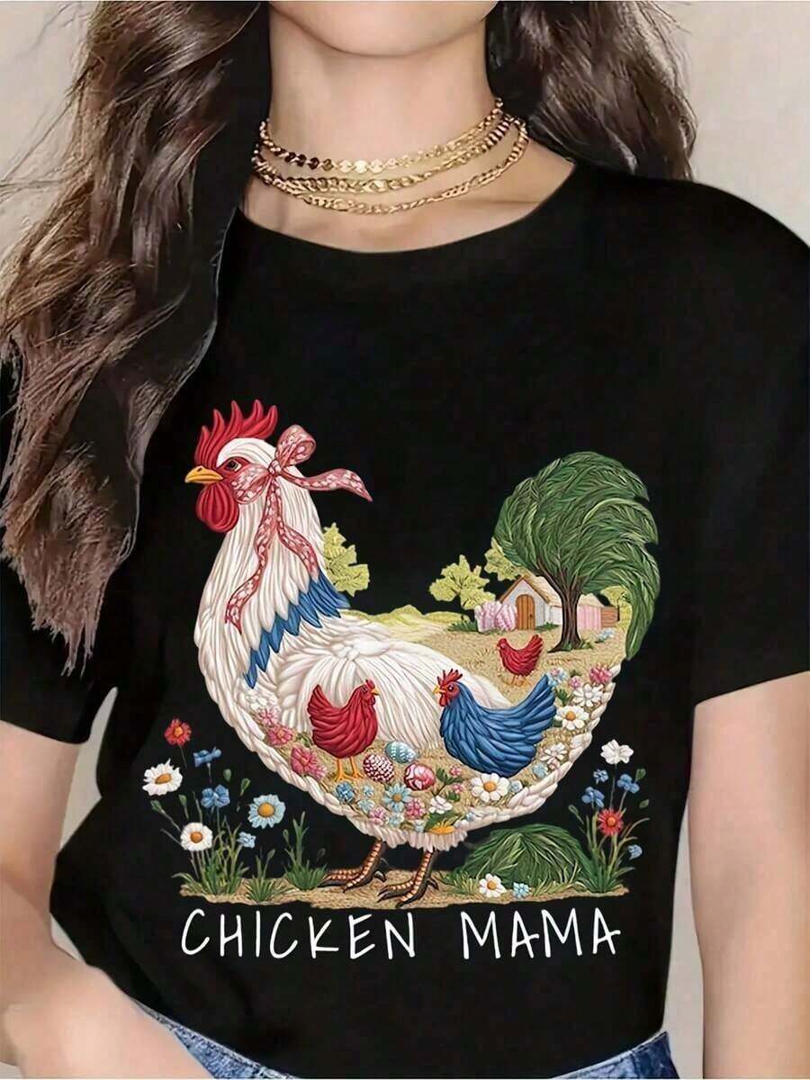 Fashion Printed T-Shirts For Women, Oversized Streetwear Tops, Comfortable And Stylish All-Match Summer Tees. Cotton T-Shirt With Chicken Farm Scene Print For Women - Cute Go And Gina Garden Design, Casual Summer Floral Pattern, Suitable For Daily Wear, Birthdays, Mother's Day, Or Farmers Market Outfits. 180g Soft - 黑色 - 查看 1