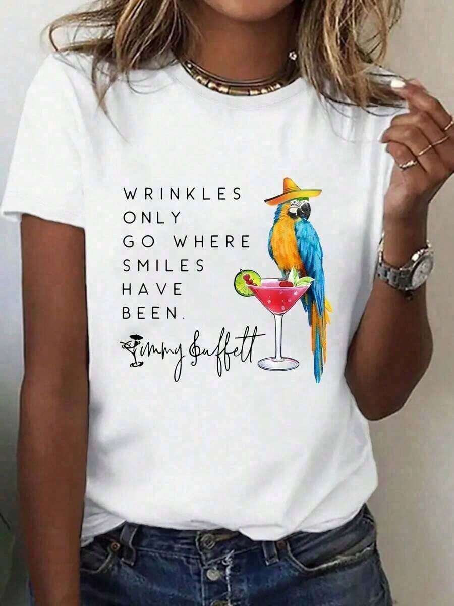 Women's Short-Sleeved T-Shirt In White Cotton Fabric Featuring A Parrot Graphic And A Cocktail With An Inspirational Quote From Jimmy Buffett - Perfect For Casual Wear And Beach Outfits. Women's Cotton Clothing - 白色的 - 查看 1