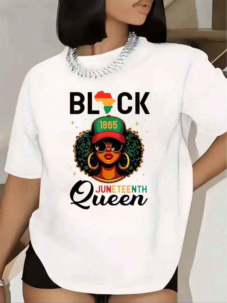 Women's T-Shirt Queen Juneteenth 1865 Graphic Women's Afro Short Sleeve Crew Neck Casual Summer Holiday Celebration T-Shirt 220g - 白色的 - 查看 1