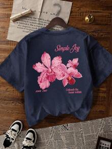 This Women's Crew Neck T-Shirt With A Colorful Floral And Letter Print Is  And Versatile For Summer. The Graphic Tee Comes In White And Pink, Suitable For Vacation Wear. Casual Black - 藏蓝色 - 查看 5
