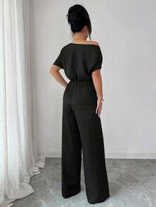 Elegante conjunto de dos piezas de moda urbana para mujer, adecuado para uso diario, bodas, galas, ir al trabajo, fiestas de graduación, vacaciones, citas, fiestas, Halloween, Navidad, Año Nuevo, Acción de Gracias.Pantalones anchos de cintura con hebilla metálica asimétrica de un hombro en color azul marino. - Negro - Ver 2