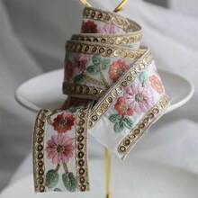 1/5碼優雅花卉刺繡亮片蕾絲飾邊，金邊透明縫製緞帶，適用於婚紗、包袋、手工藝品、窗簾、齋月服飾、禮物包裝 - 多色B - 查看 14