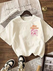 Camiseta de manga corta con cuello redondo y estampado gráfico de More Espresso Coffee Club para mujer, camiseta casual de verano, estilo unisex. - Albaricoque - Ver 2