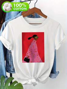 Women's 100% Cotton T-Shirt, Bohemian Abstract Print T-Shirt, Casual Short Sleeve Round Neck Top, Comfortable Everyday Wear For Art Lovers, Women's Tops - 白色 - 查看 7