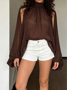 Womens Mock Neck T-Shirts Split Bishop Sleeve Solid Color Flowy Tops Classic Summer Blouses - Marrón - Ver 1