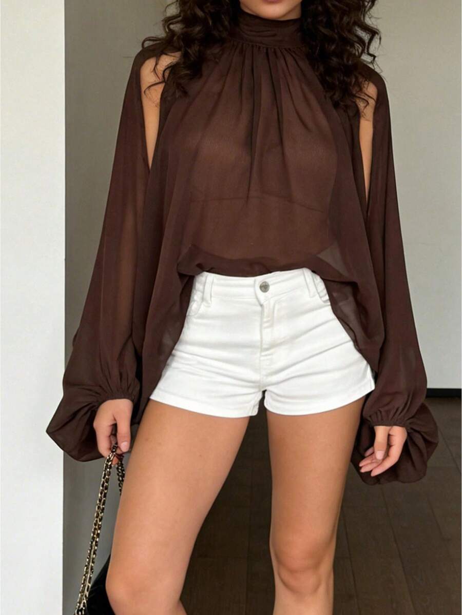 Womens Mock Neck T-Shirts Split Bishop Sleeve Solid Color Flowy Tops Classic Summer Blouses - Marrón - Ver 1